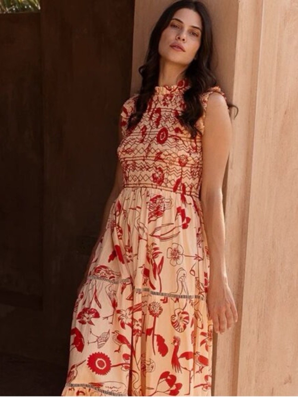 Oliphant NWT Sleeveless Smocked Floral Maxi Dress in Cream and Red XL